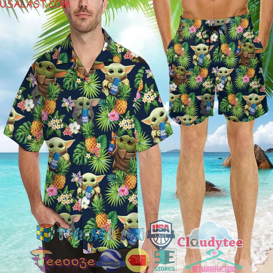 Bud Light Beer Baby Yoda Tropical Flowery Aloha Summer Beach Hawaiian Shirt
