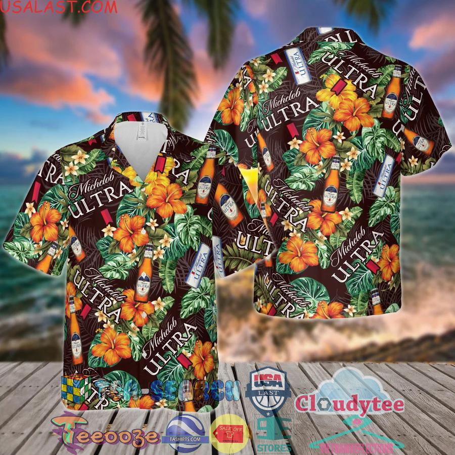 Michelob Ultra Beer Tropical Flowery Brown Aloha Summer Beach Hawaiian Shirt