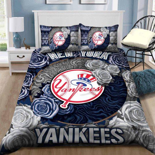 BEST New York Yankees MLB grey blue rose Duvet Cover Bedding Set