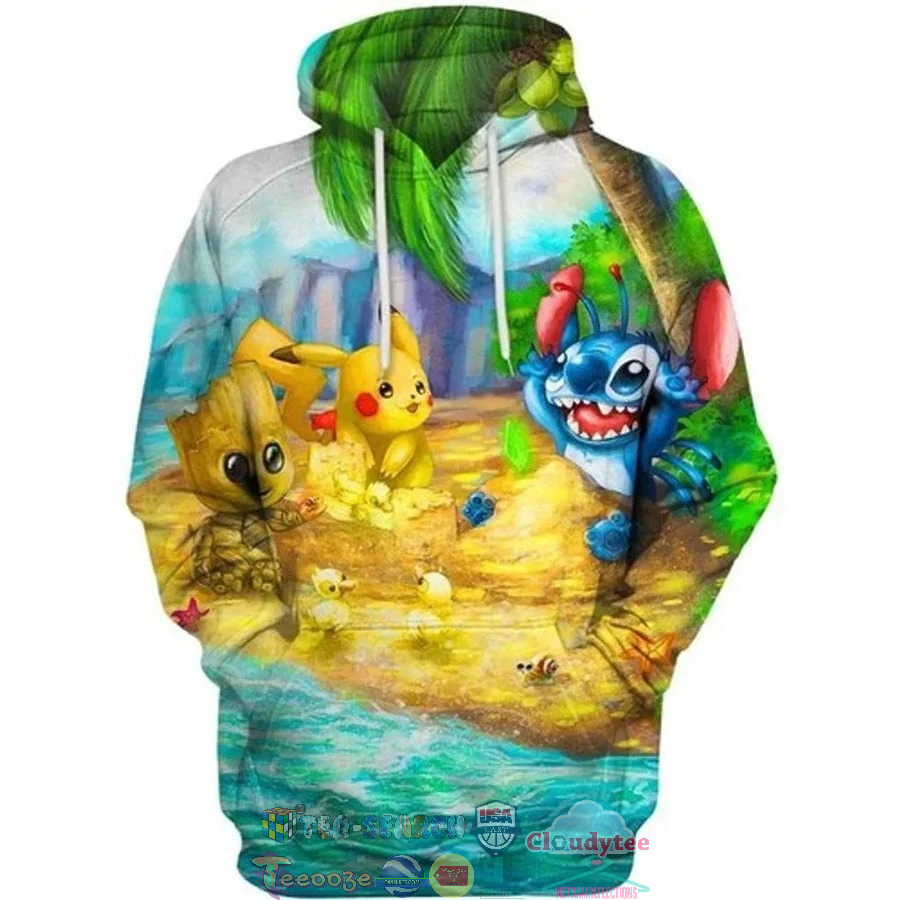 Pikachu Stitch Groot On The Beach 3D Hoodie