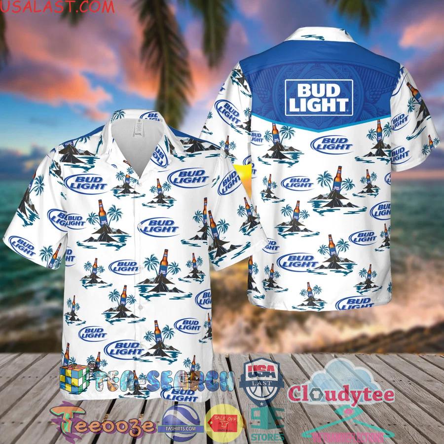 Bud Light Beer Island Palm Tree Aloha Summer Beach Hawaiian Shirt