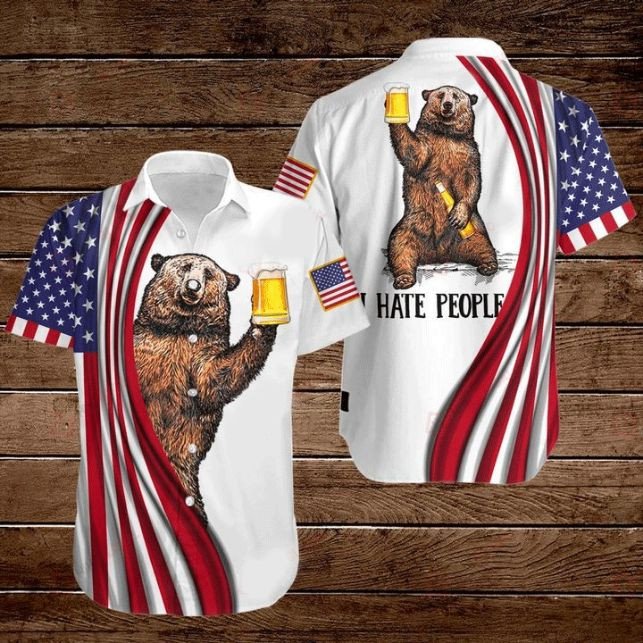 NEW Bear I Hate People American Flag Hawaii Shirt