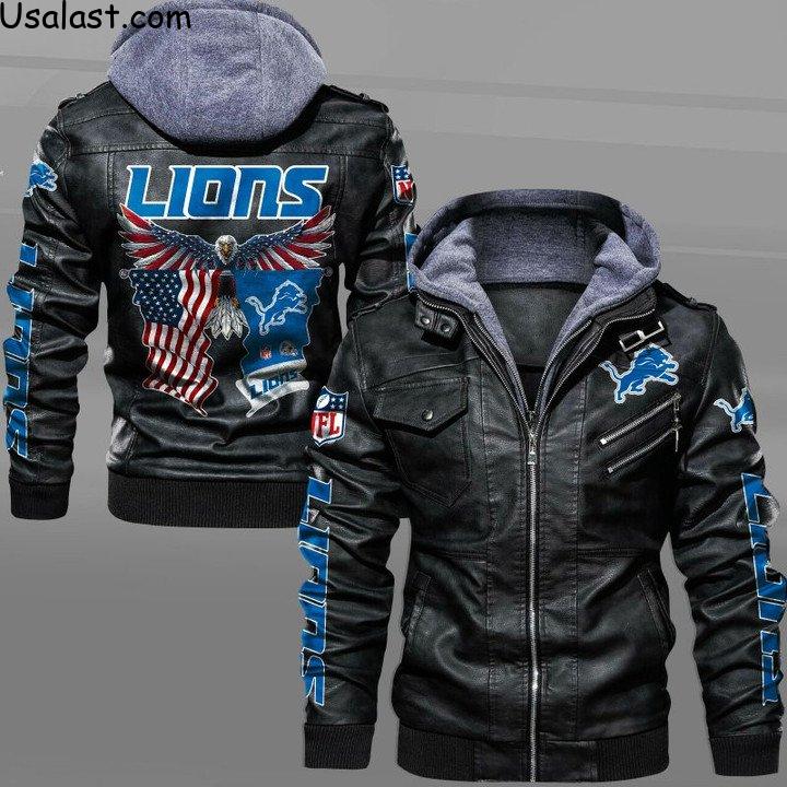 Detroit Lions Bald Eagle American Flag Leather Jacket