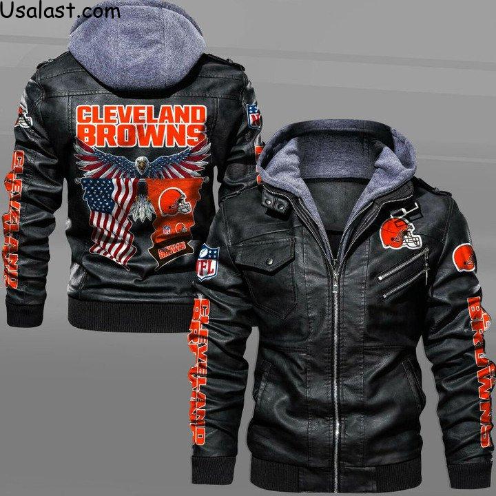 Cleveland Browns Bald Eagle American Flag Leather Jacket