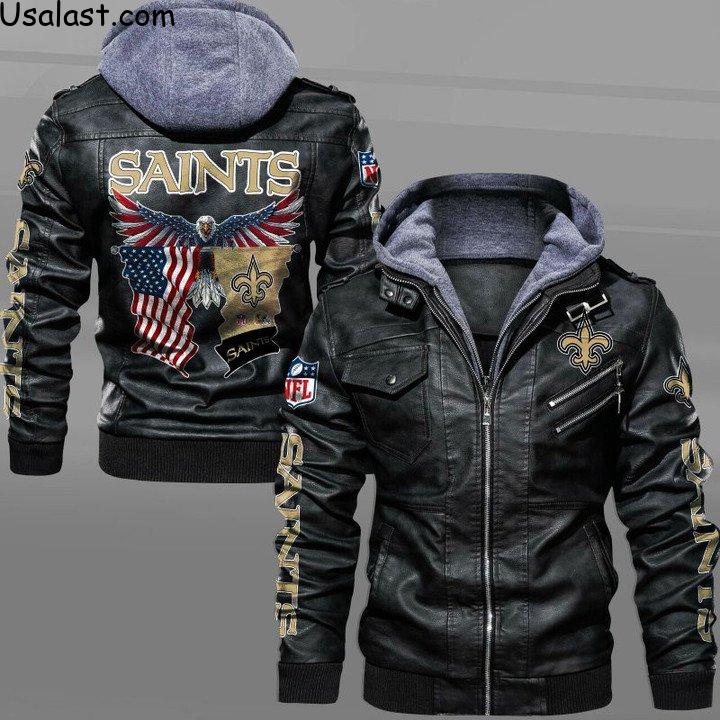 New Orleans Saints Bald Eagle American Flag Leather Jacket