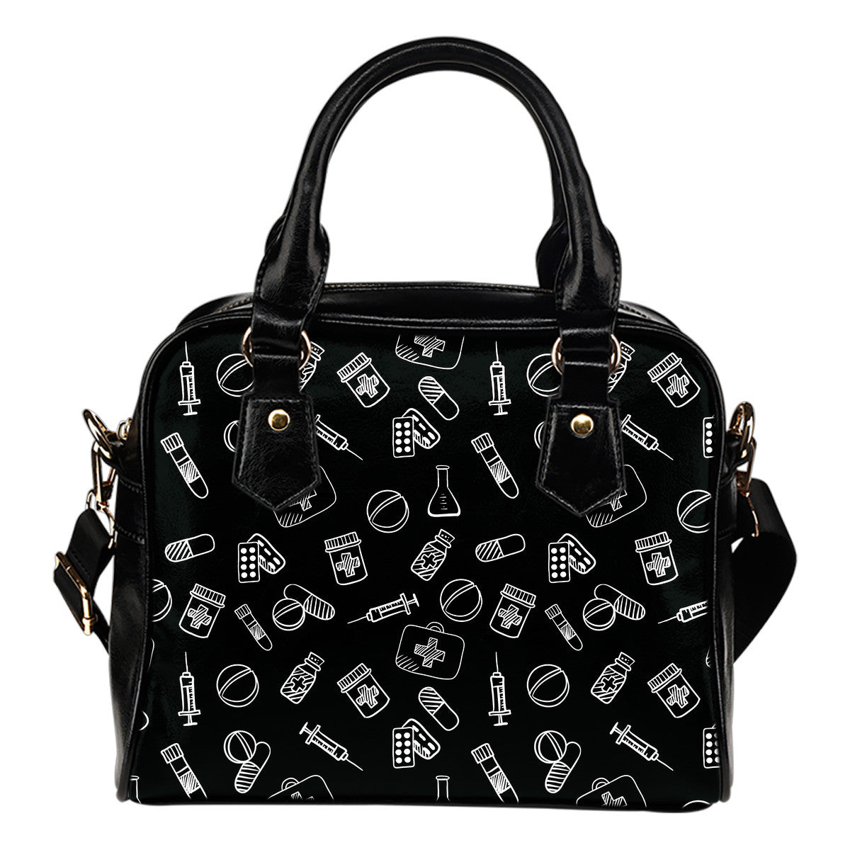 HOT Nurse Pattern Black Leather Handbag