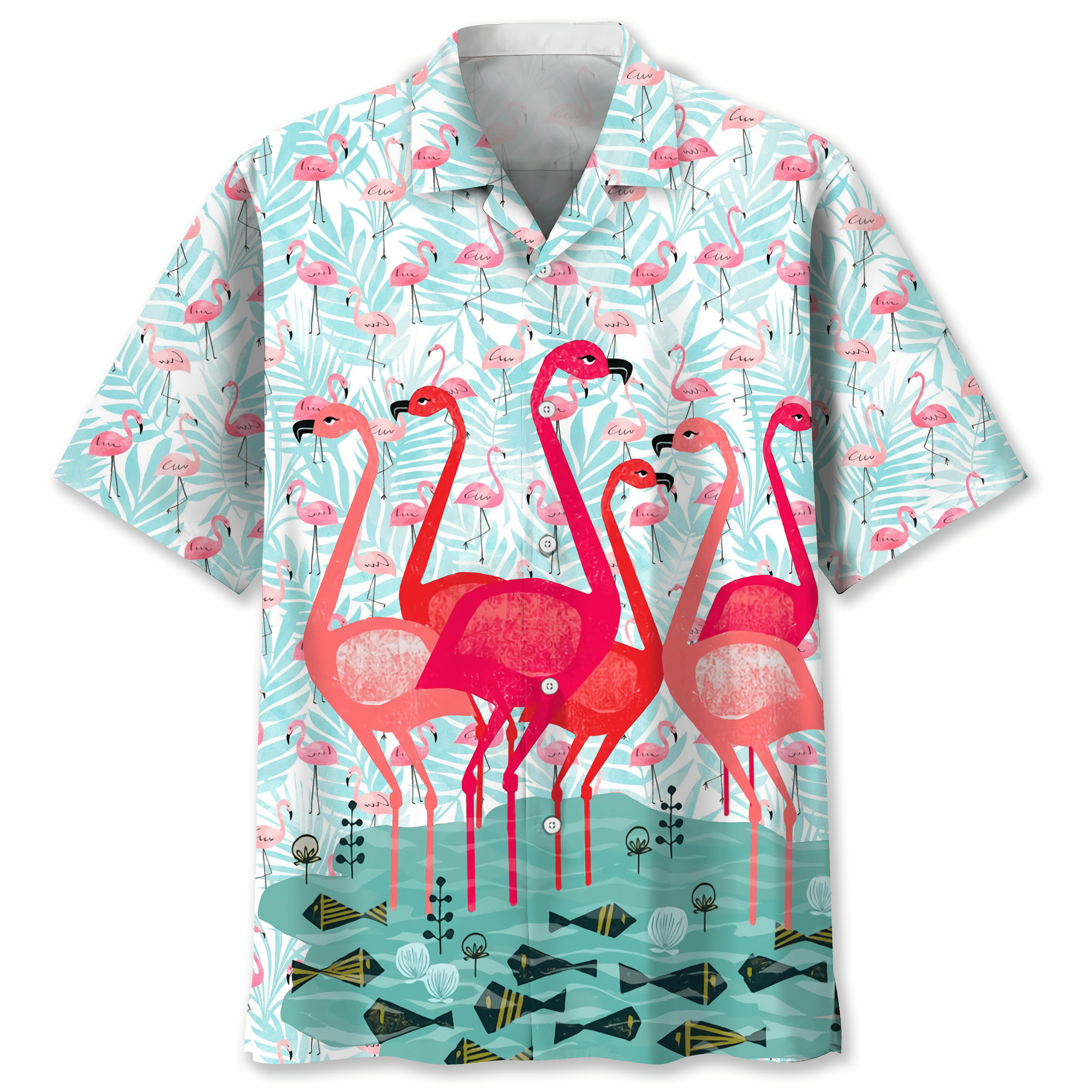 NEW Flamingo Pink tropical leaves Hawaiian Shirt