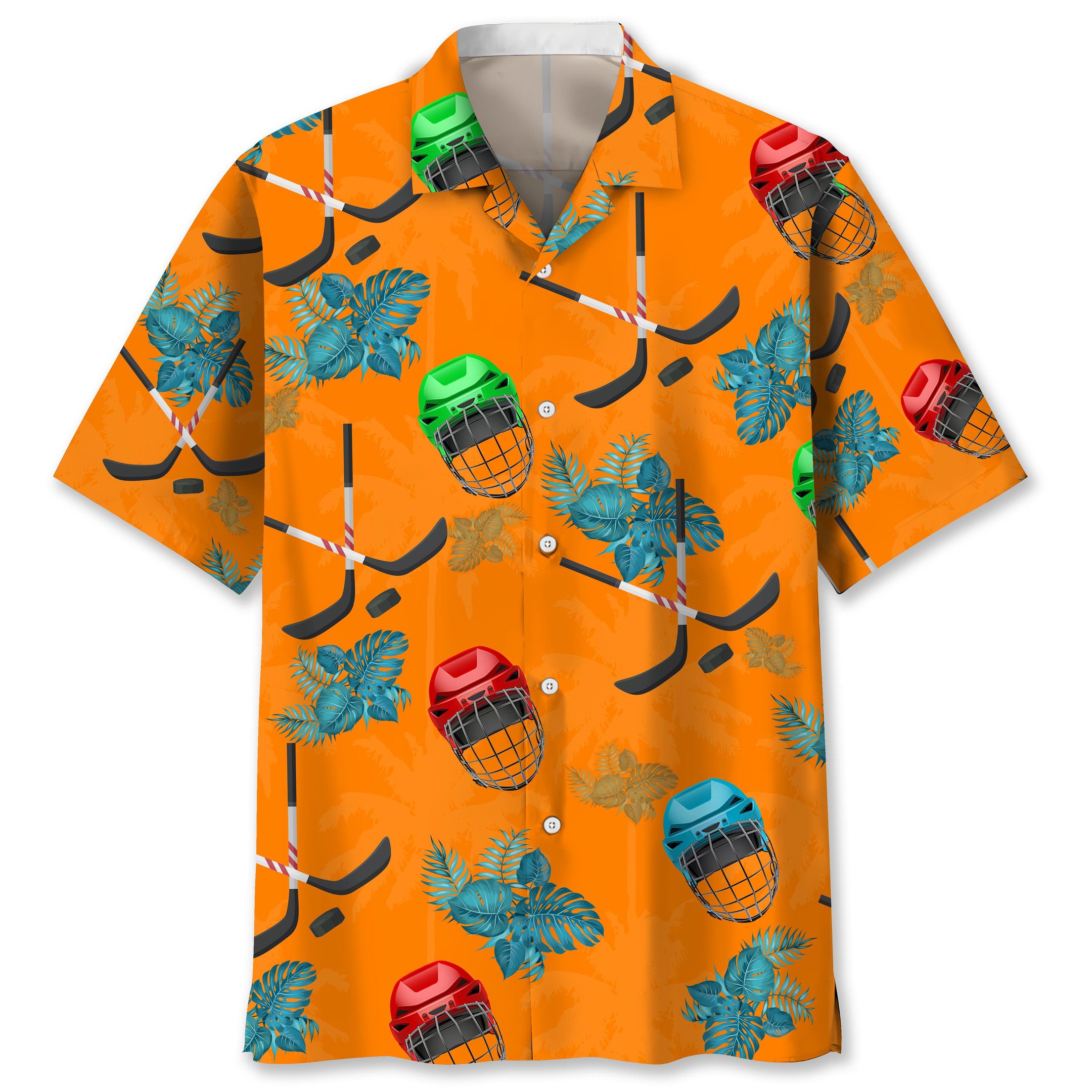 NEW Hockey pattern Tropical plant Orange Hawaiian Shirt