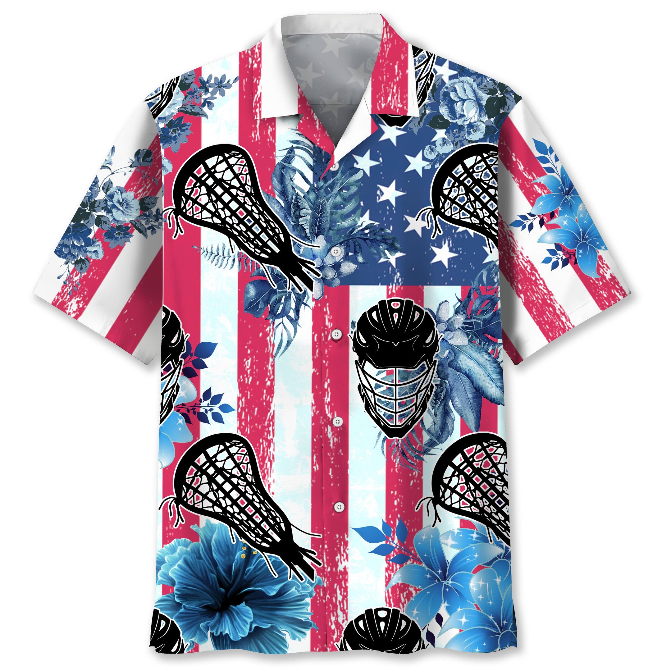 NEW Lacrosse USA flag Flowers Hawaiian Shirt