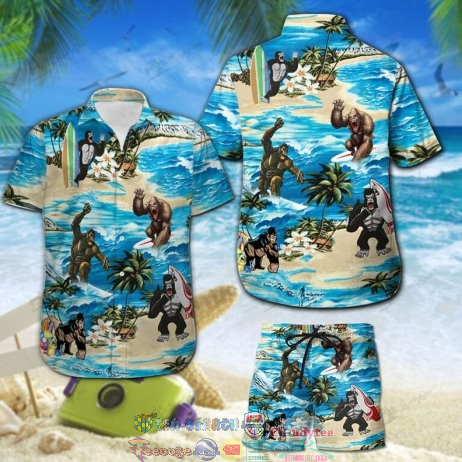 King Kong Surfing Palm Tree Hawaiian Shirt And Shorts