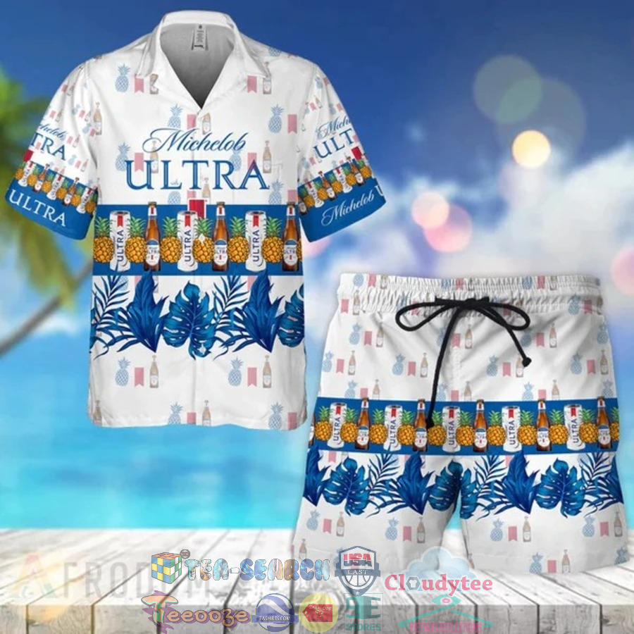 Michelob Ultra Beer Tropical Pineapple Hawaiian Shirt Beach Shorts