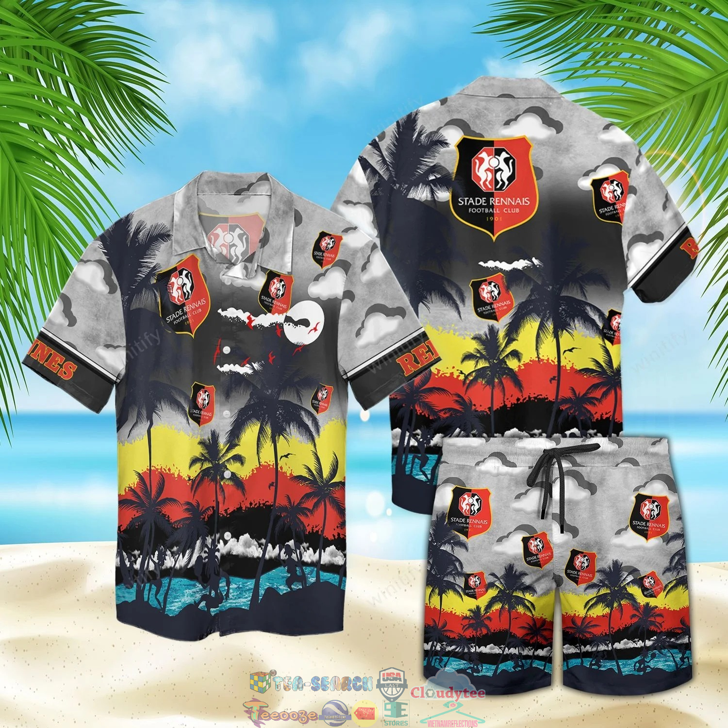 Stade Rennais FC Palm Tree Hawaiian Shirt Beach Shorts