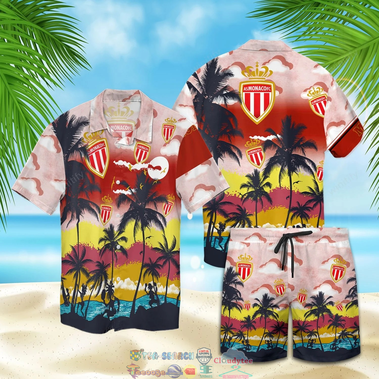 AS Monaco FC Palm Tree Hawaiian Shirt Beach Shorts