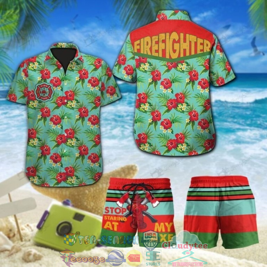 Firefighter Tropical Hibiscus Hawaiian Shirt And Shorts
