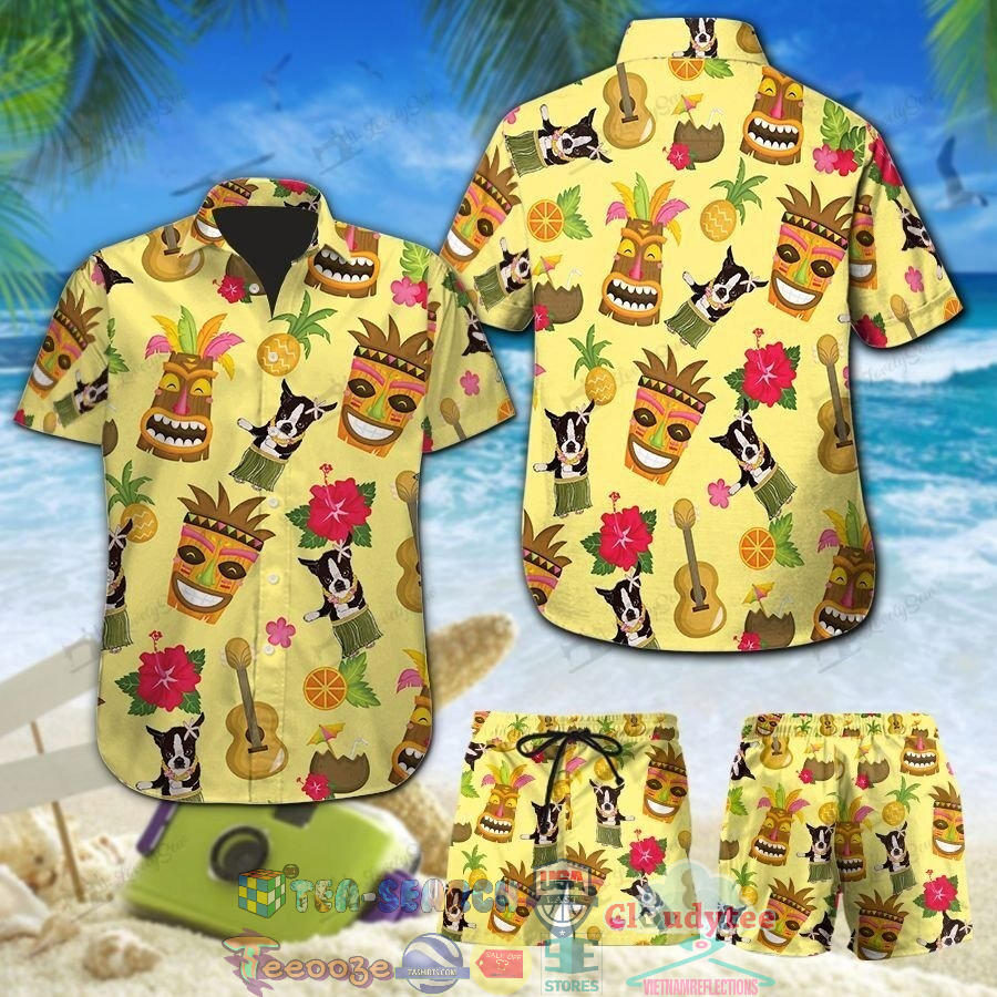 Boston Terrier Tropical Tiki Pineapple Hawaiian Shirt And Shorts