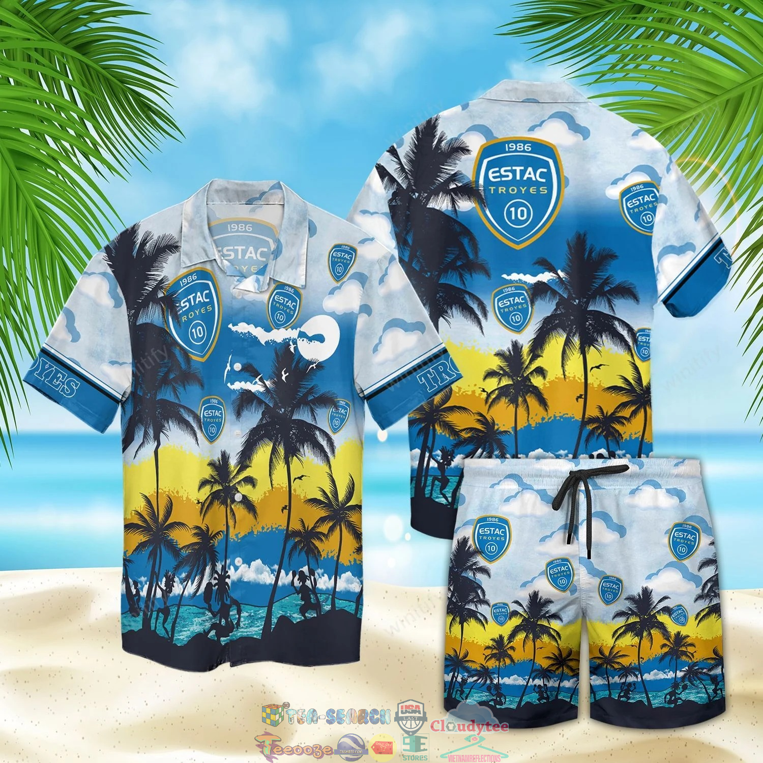 AC Troyes FC Palm Tree Hawaiian Shirt Beach Shorts