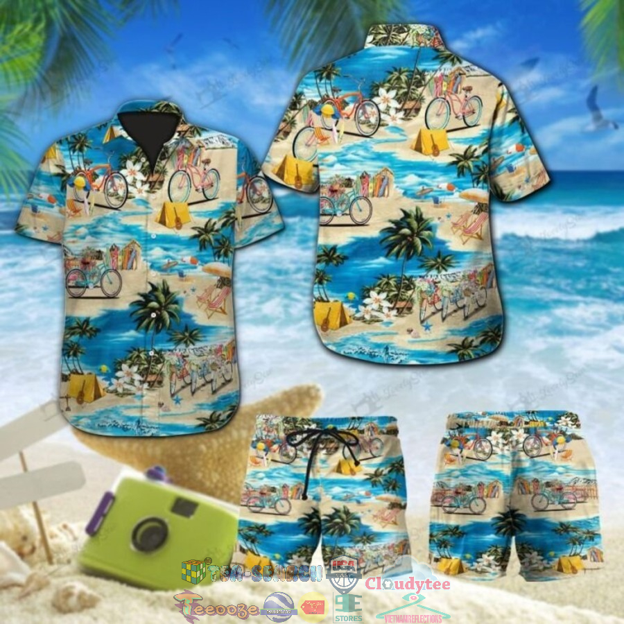 Bicycle Beach Palm Tree Hawaiian Shirt And Shorts
