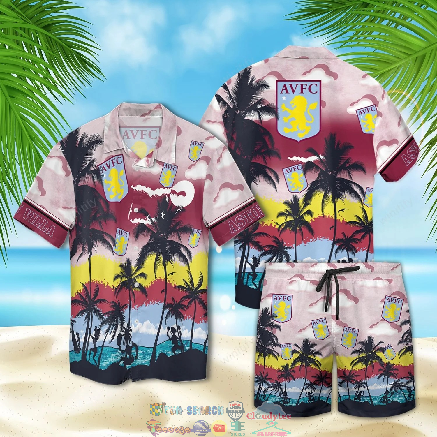 Aston Villa Palm Tree Hawaiian Shirt Beach Shorts