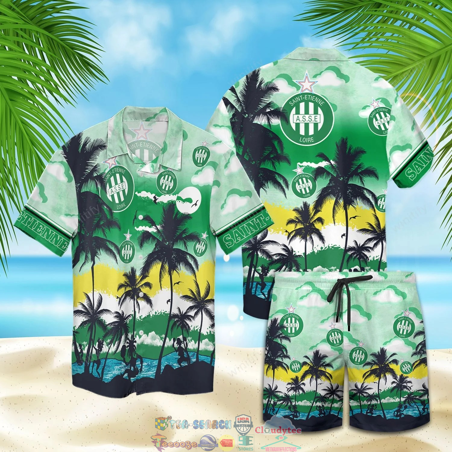 AS Saint-Etienne FC Palm Tree Hawaiian Shirt Beach Shorts
