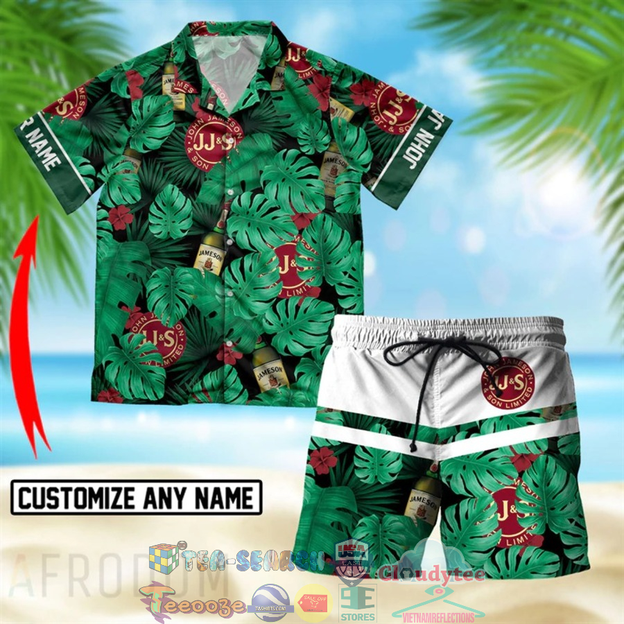 Personalized Name Jameson Irish Whiskey Tropical Leaves Hawaiian Shirt Beach Shorts