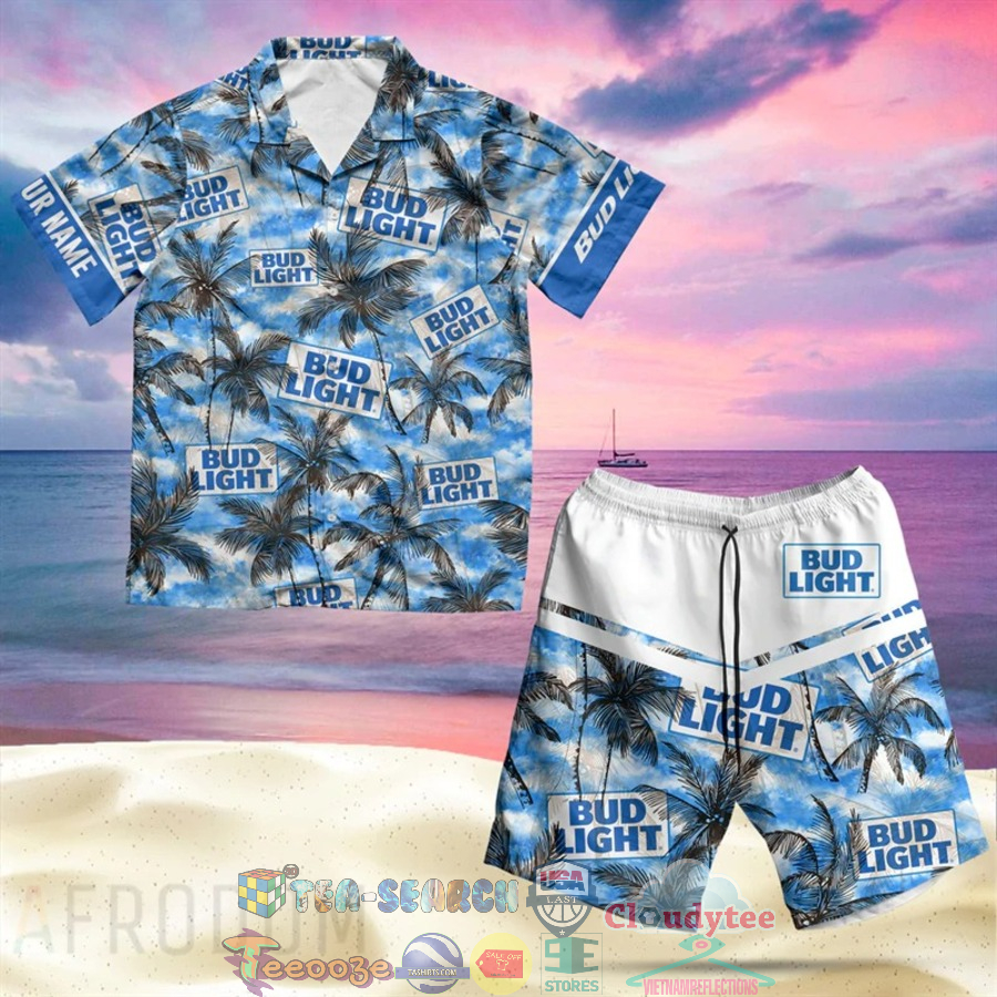 Personalized Name Bud Light Beer Palm Tree Hawaiian Shirt Beach Shorts