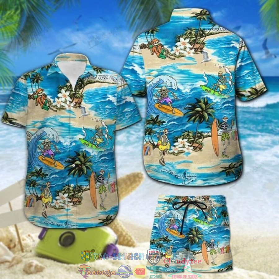 Skeleton Surfing Palm Tree Hawaiian Shirt And Shorts