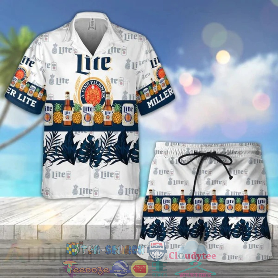 Miller Lite Beer Tropical Pineapple Hawaiian Shirt Beach Shorts