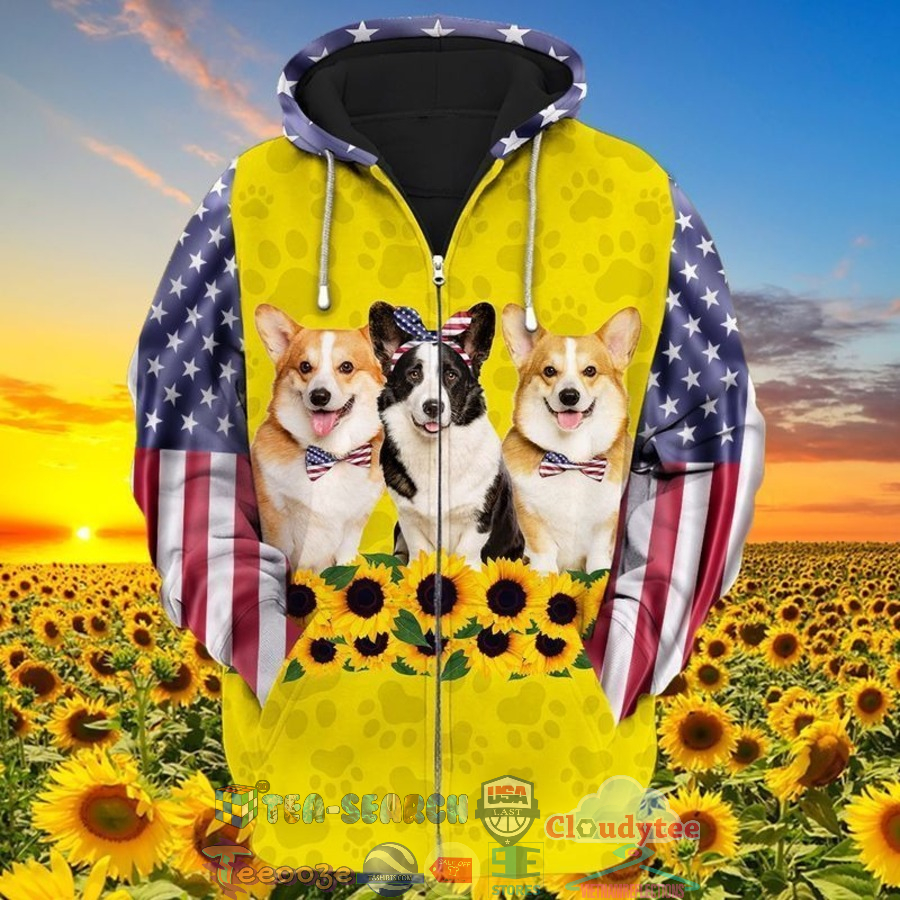 4th Of July Independence Day Corgi American Flag Sunflower 3D Hoodie