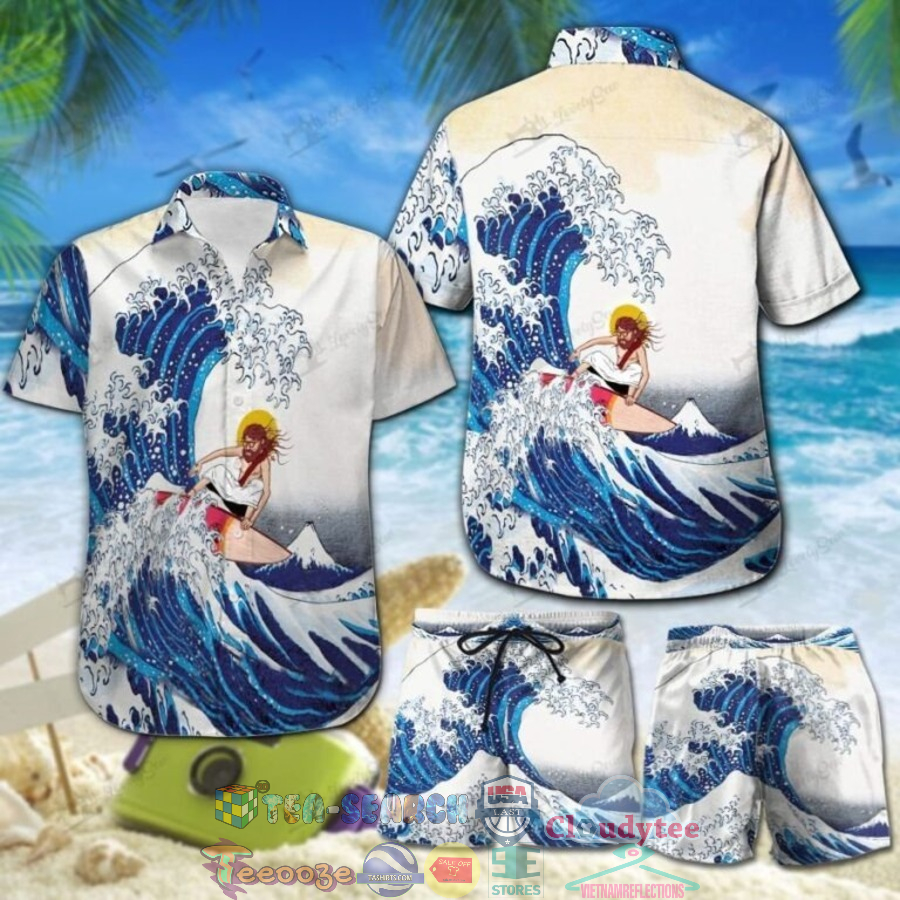 Jesus Surfing Hawaiian Shirt And Shorts