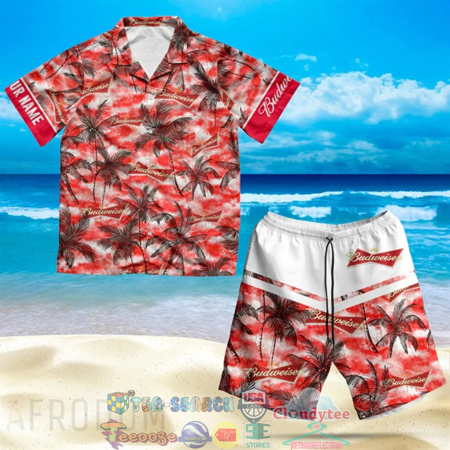 Personalized Name Budweiser Beer Palm Tree Hawaiian Shirt Beach Shorts