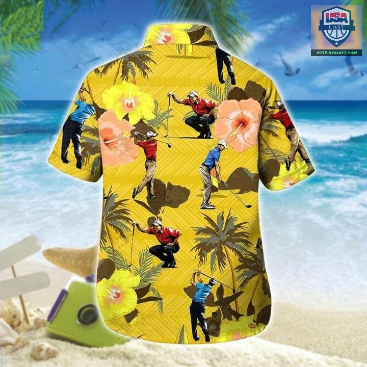 Unique Golf Players Yellow Hibiscus Short Sleeve Shirt Beach Short