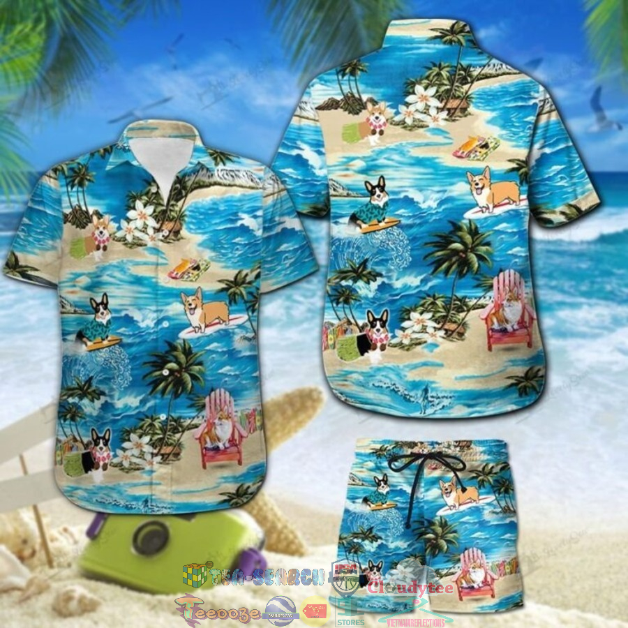 Corgi Surfing Palm Tree Hawaiian Shirt And Shorts