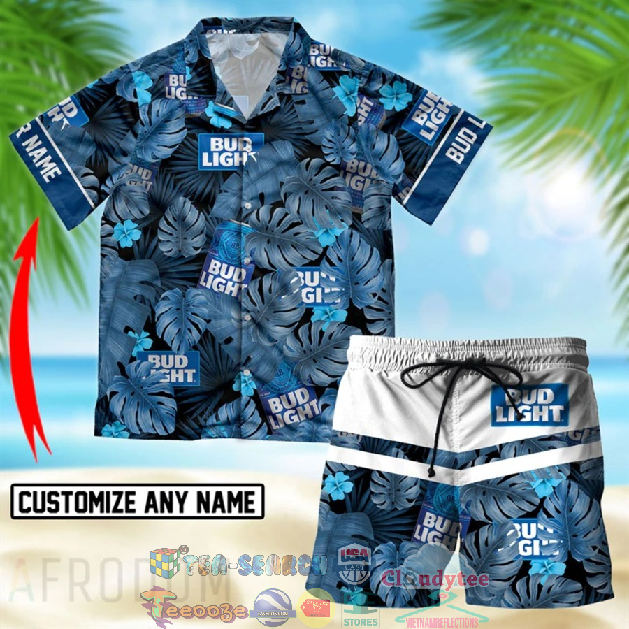 Personalized Name Bud Light Beer Tropical Leaves Hawaiian Shirt Beach Shorts