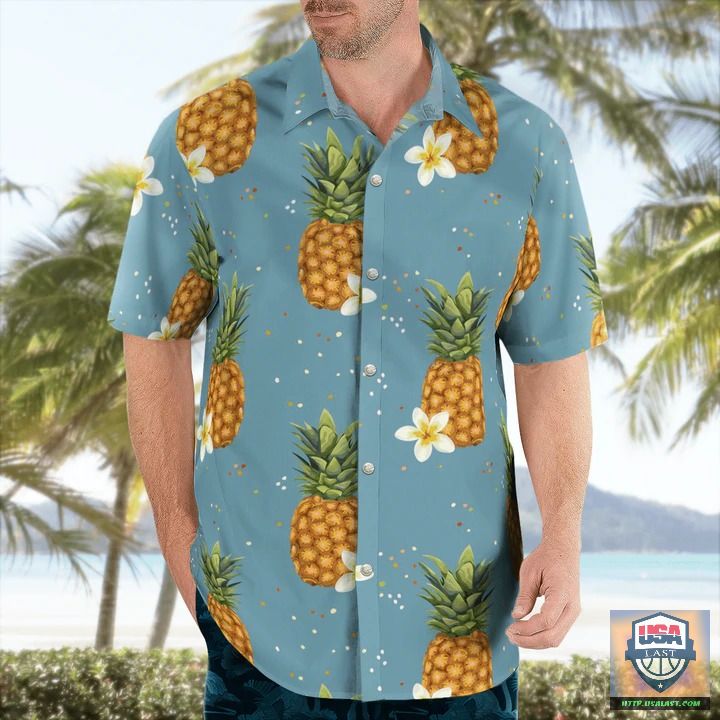 Top Rate Pineapples Hibiscus Blue Hawaiian Shirt