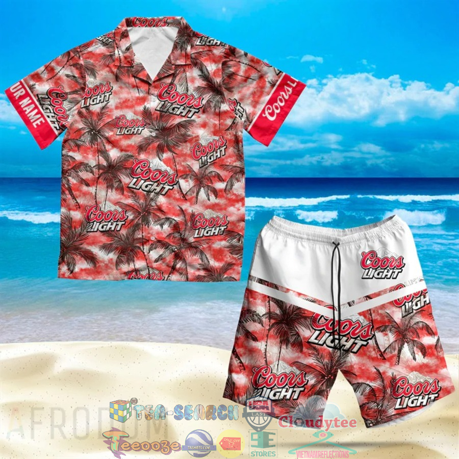 Personalized Name Coors Light Beer Palm Tree Hawaiian Shirt Beach Shorts