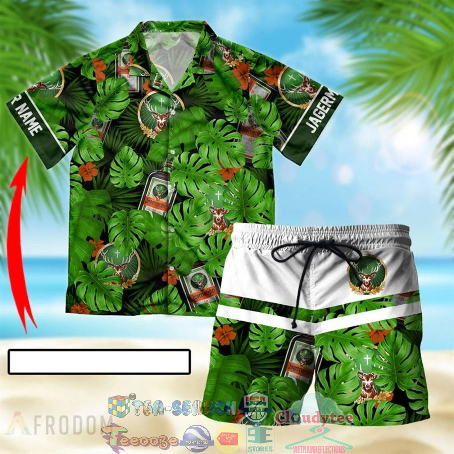 Personalized Name Jagermeister Tropical Leaves Hawaiian Shirt Beach Shorts