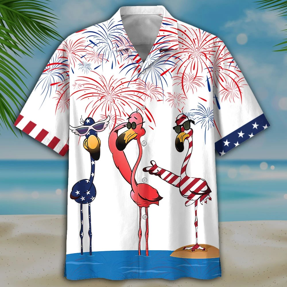 NEW Three Flamingo Independence Day Is Coming white Hawaii Shirt, Shorts