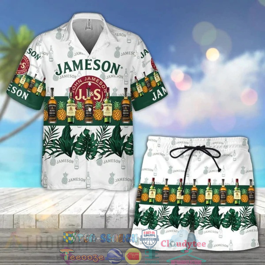 Jameson Irish Whiskey Tropical Pineapple Hawaiian Shirt Beach Shorts