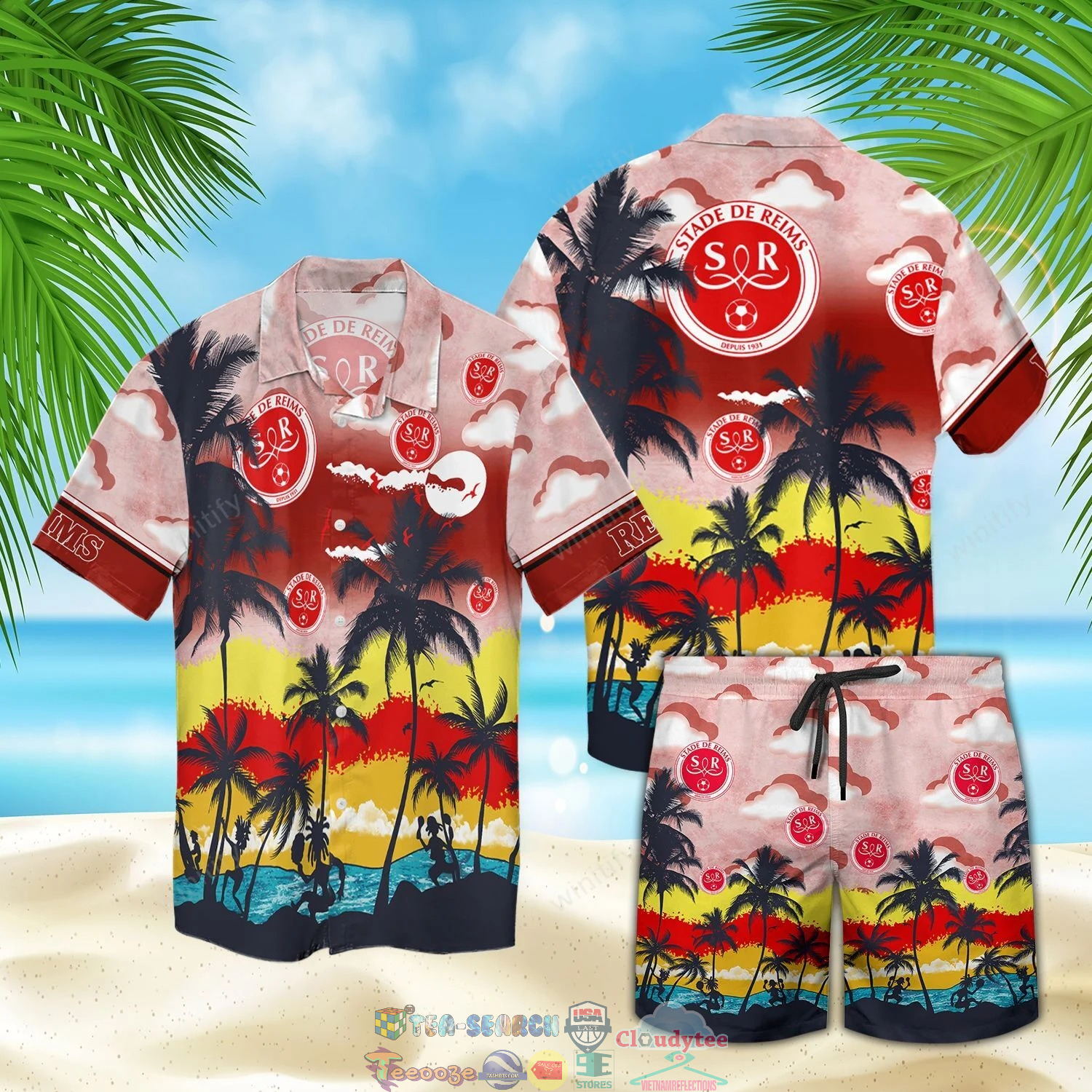 Stade de Reims FC Palm Tree Hawaiian Shirt Beach Shorts