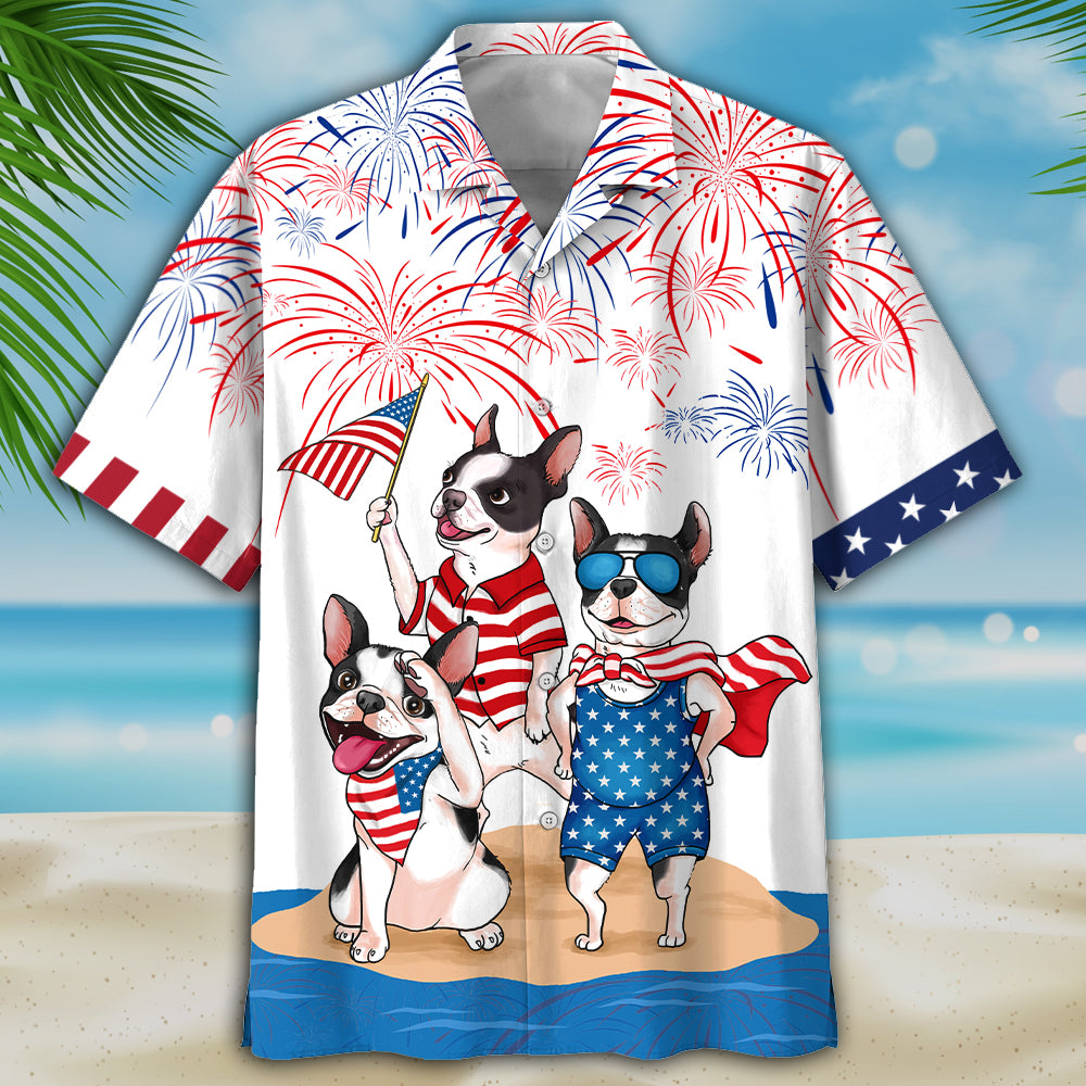 NEW French Bulldog Firework Independence In Comping White Hawaii Shirt, Shorts
