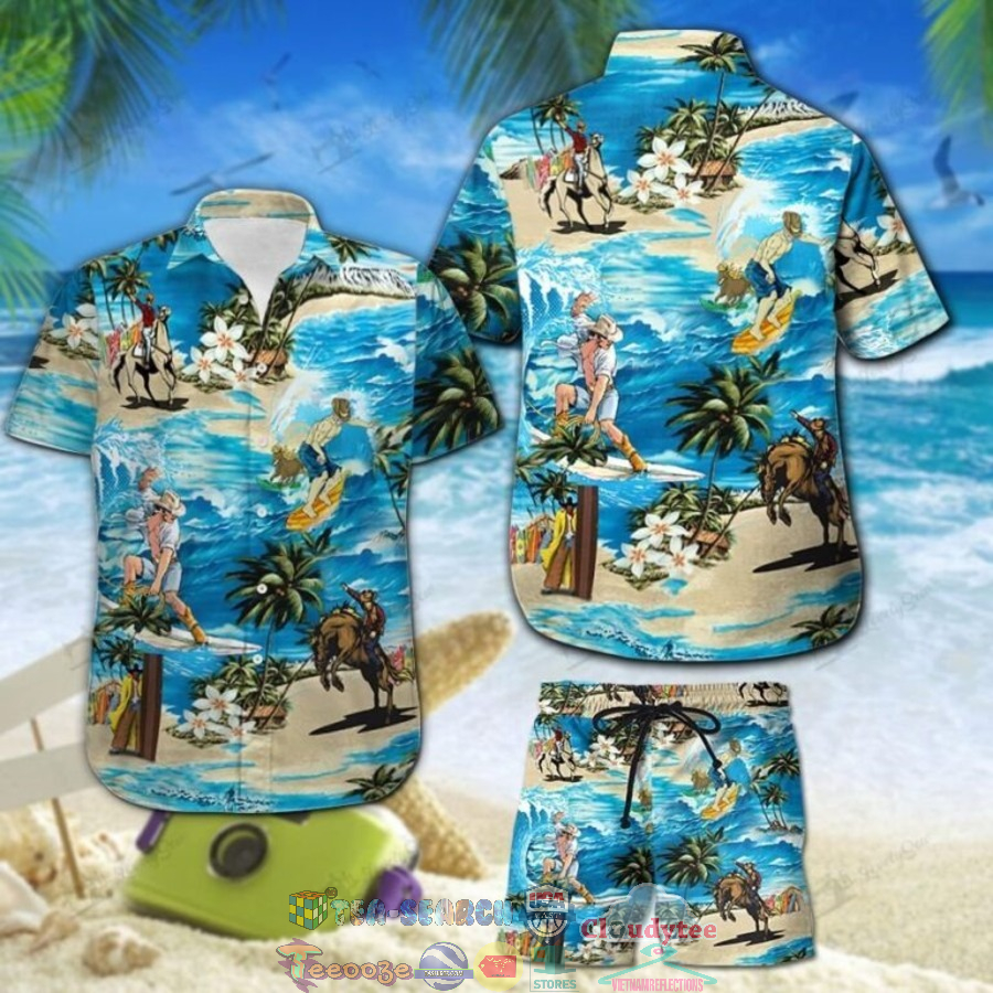 Cowboy Surfing Palm Tree Hawaiian Shirt And Shorts