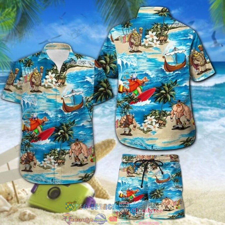 Viking Surfing Palm Tree Hawaiian Shirt And Shorts
