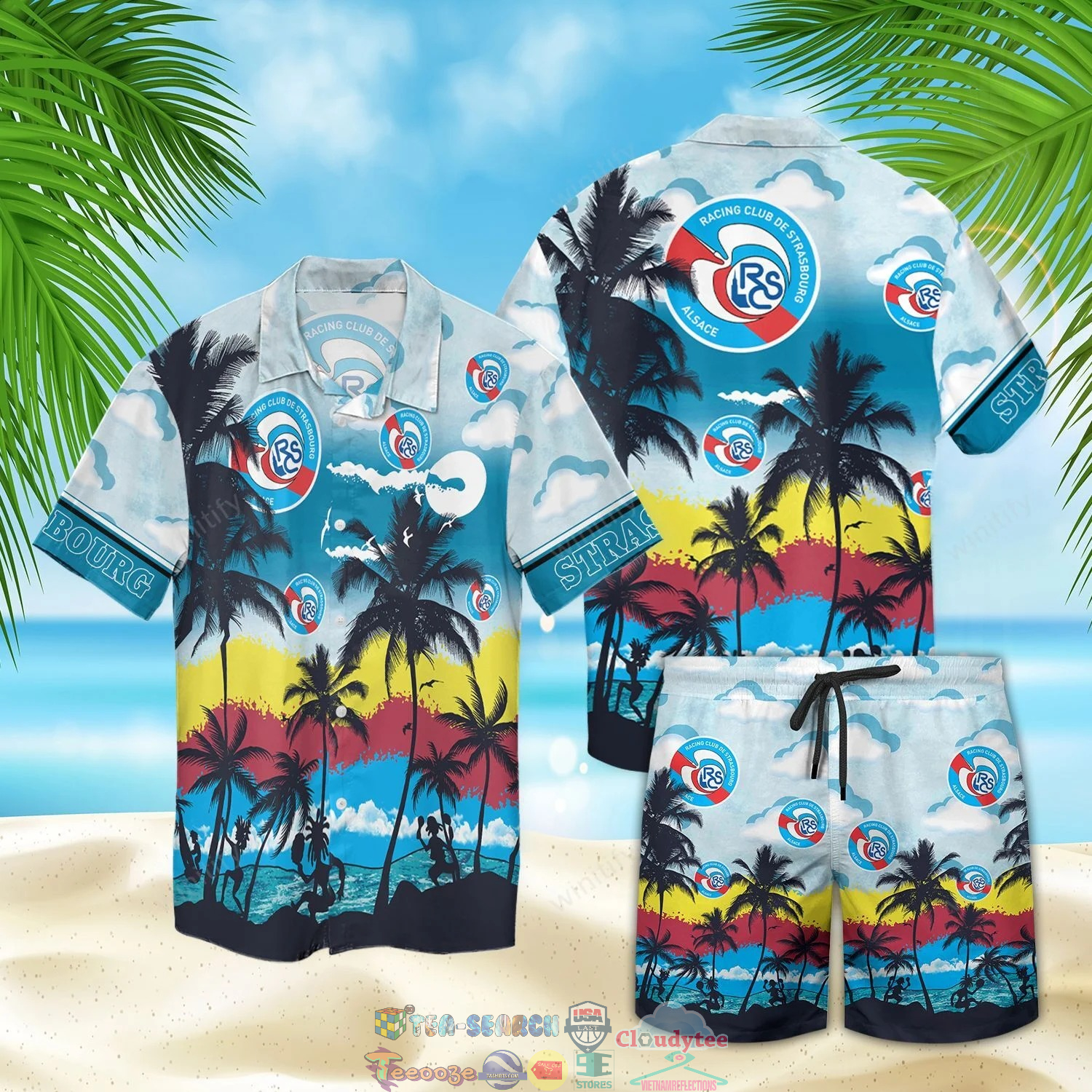 RC Strasbourg Alsace FC Palm Tree Hawaiian Shirt Beach Shorts