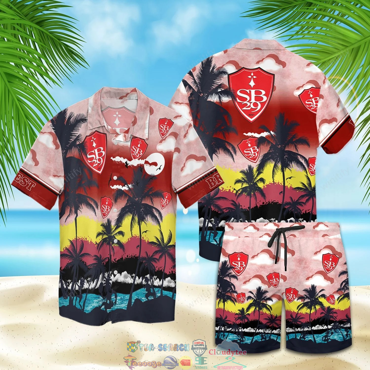 Stade Brestois 29 FC Palm Tree Hawaiian Shirt Beach Shorts