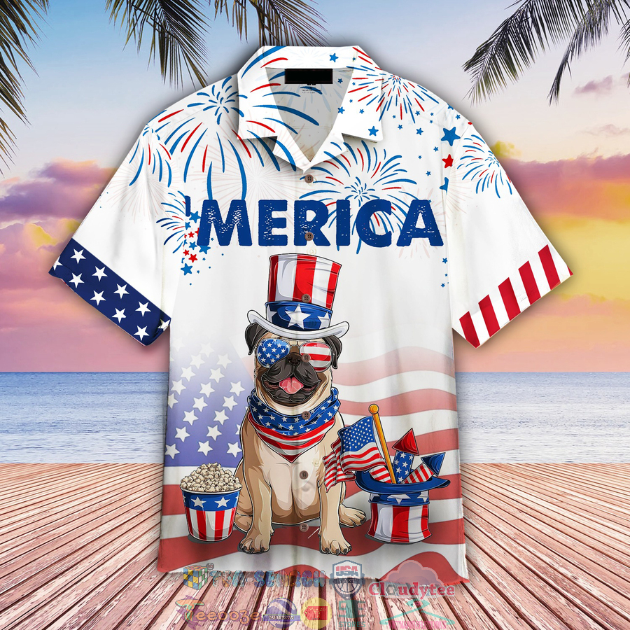 4th Of July Independence Day American Flag Bulldog Firework Hawaiian Shirt