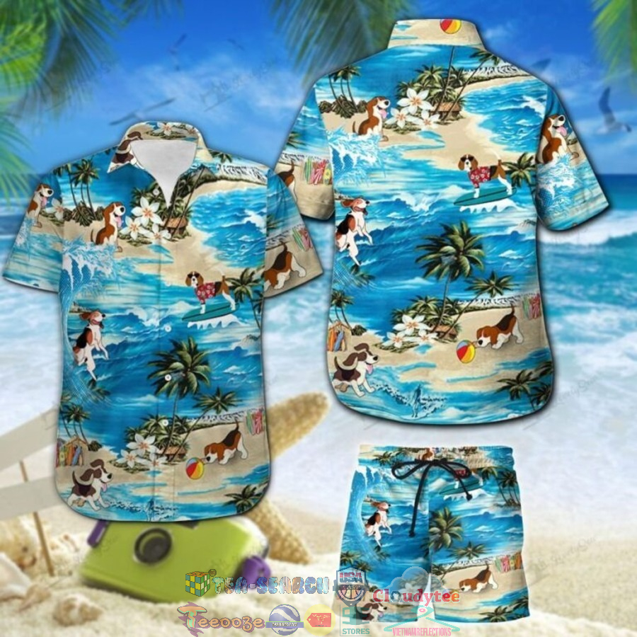 Beagle Surfing Palm Tree Hawaiian Shirt And Shorts