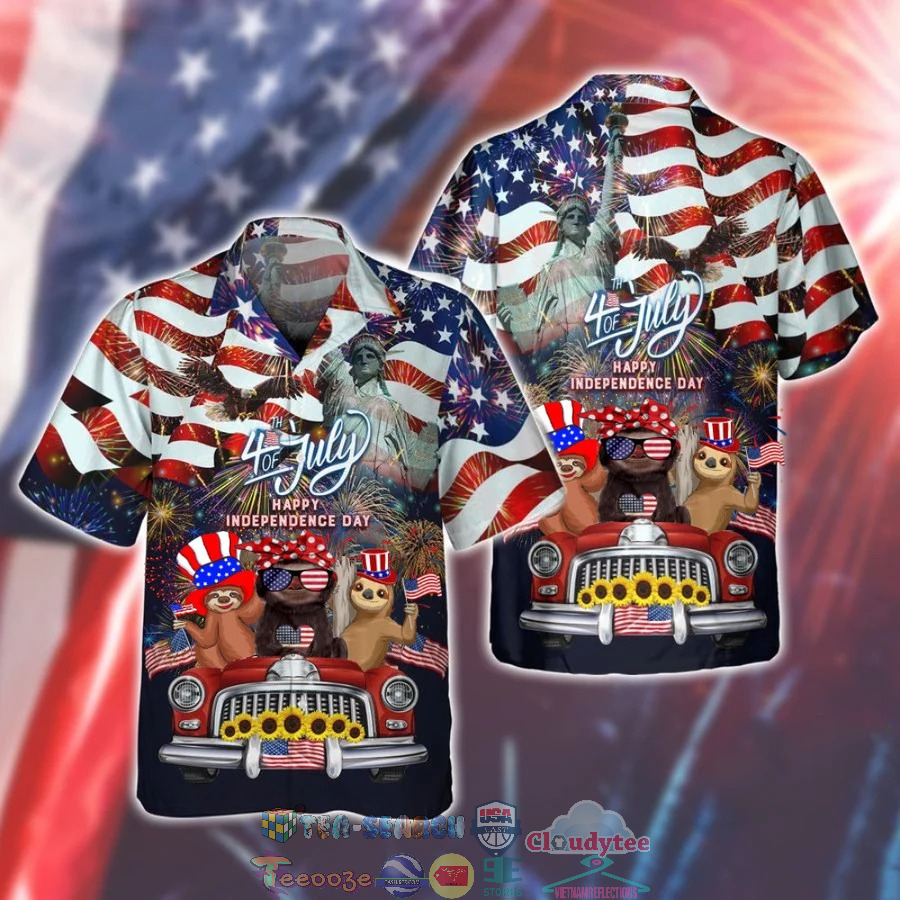Happy Independence Day Sloth Ride Red Truck American Flag Hawaiian Shirt