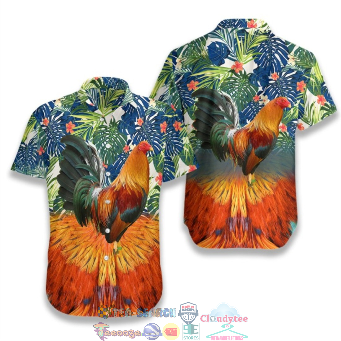 Rooster Floral Tropical Leaves Hawaiian Shirt