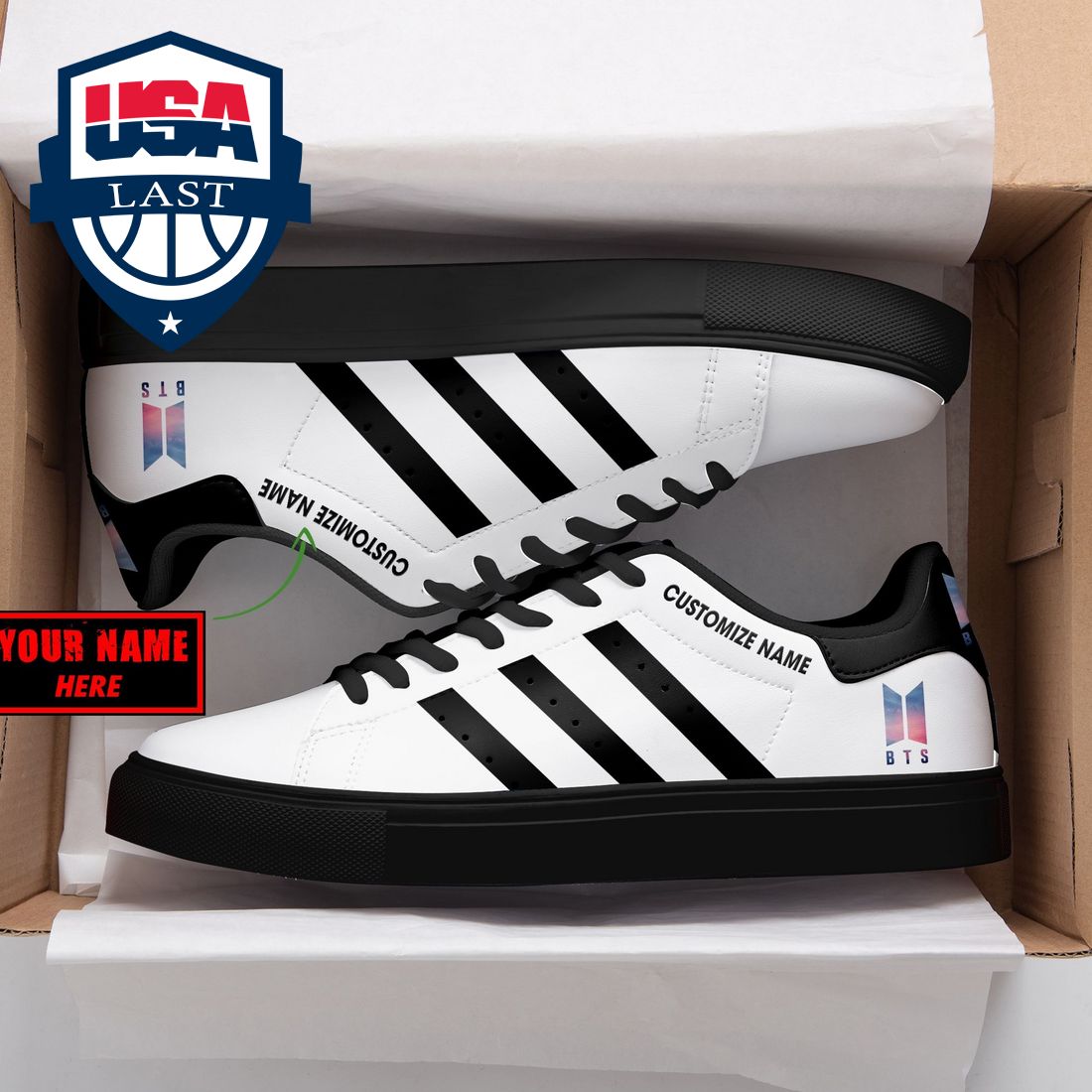 Personalized BTS Black Stripes Stan Smith Low Top Shoes