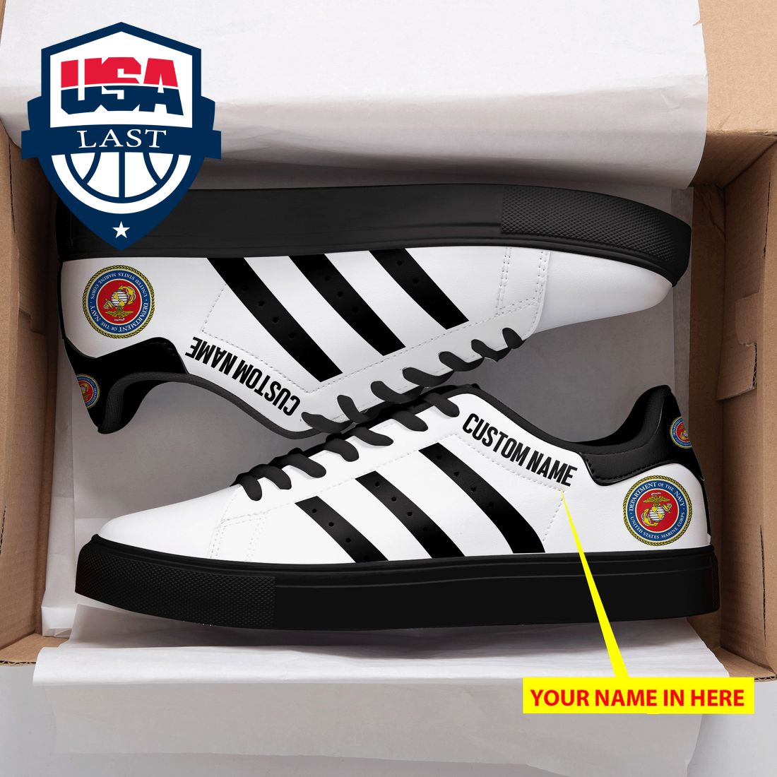 Personalized US Marine Corps Black Stripes Stan Smith Low Top Shoes - Sizzling